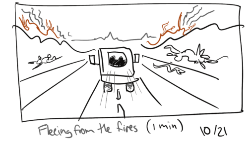 A simple line drawing of a highway going off in the horizon. The rear view of an RV and the mountains are on fire.