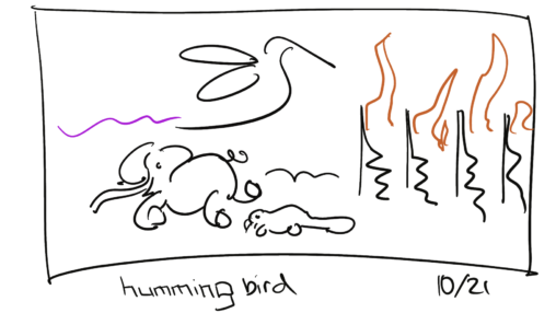 A simple line drawing with a fire on the right of the panel and some animals running left while the hummingbird flies right