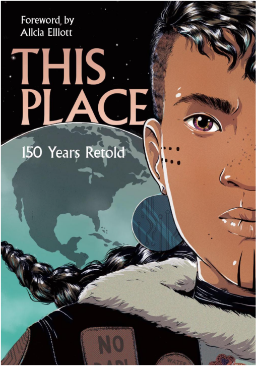 graphic narrative image - indigenous child faces forward with the earth globe and space in the backgroundackgrouns